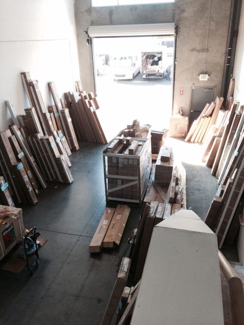 Warehouse with stacks of cardboard boxes.